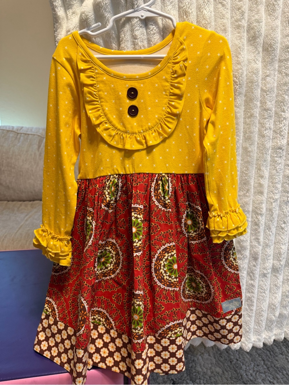 Eleanor Rose Yellow Ruffled Bodice with Red Patterned Skirt Dress